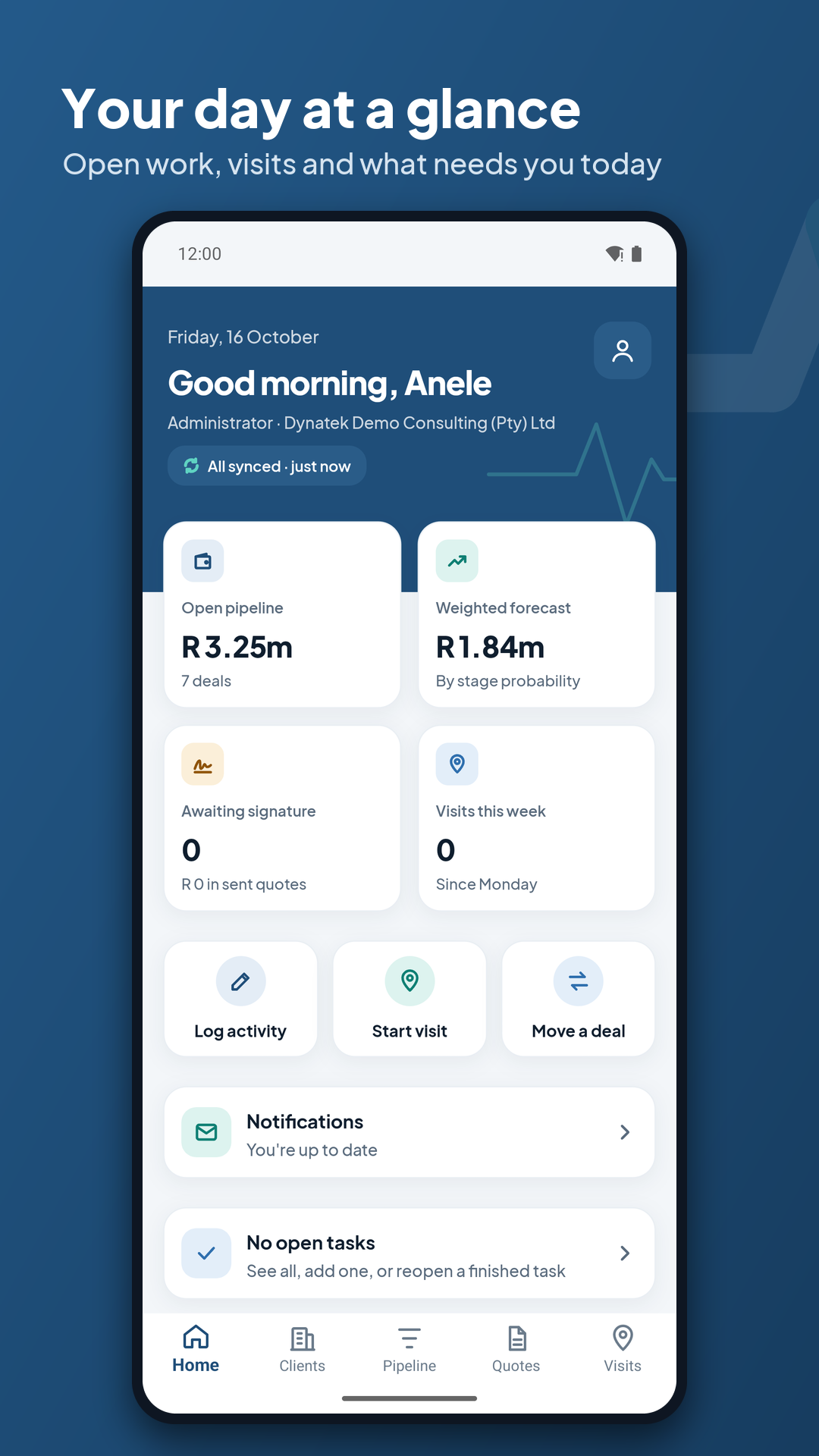Your day at a glance: the DynaPulse home screen showing the pipeline value and forecast