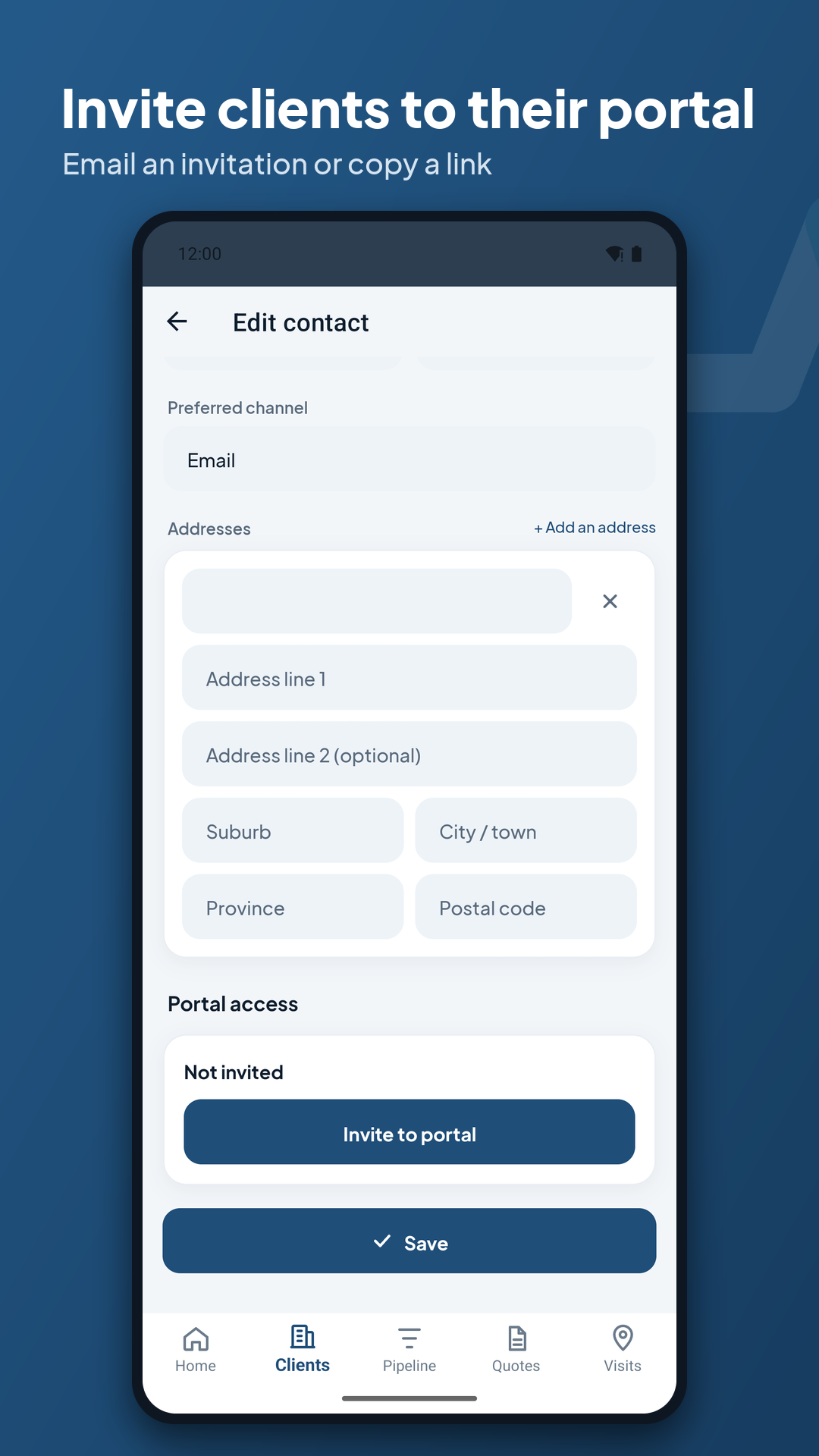 Invite clients to their portal: the portal access section of a contact